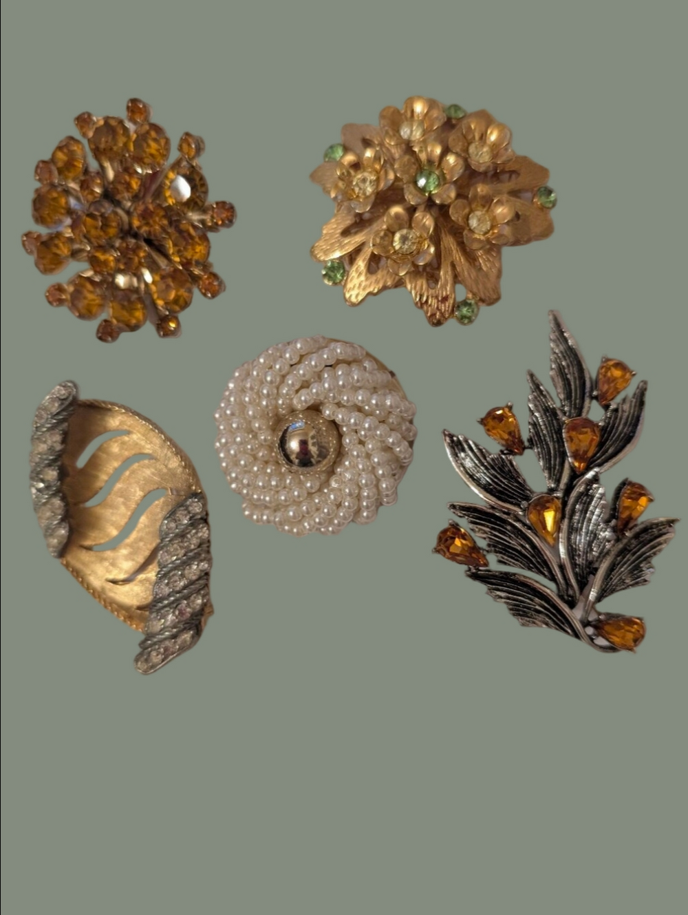 Vintage Brooch Set Of 5 Pearl, Rhinestone, Amber, Green